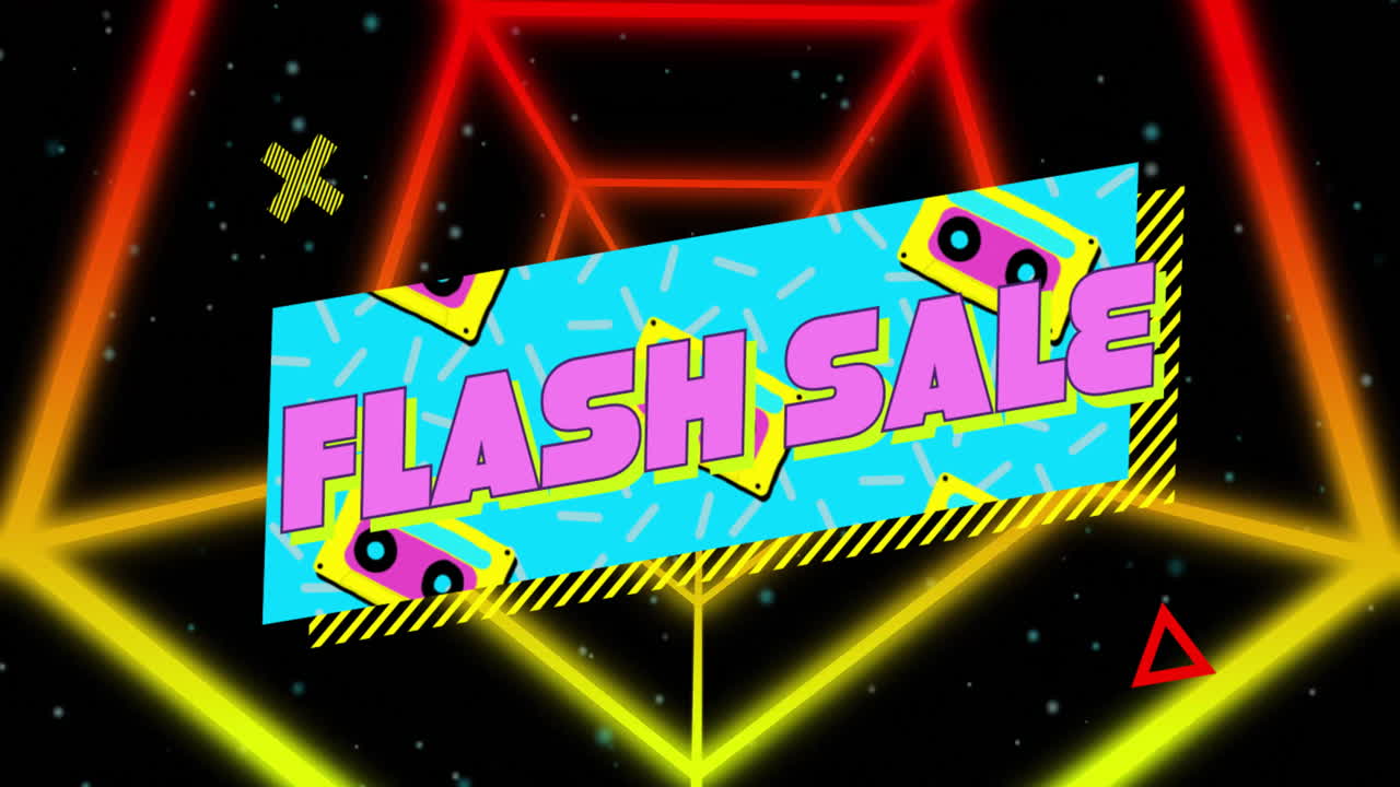 Flash Sale text over colorful geometric shapes and neon lights animation