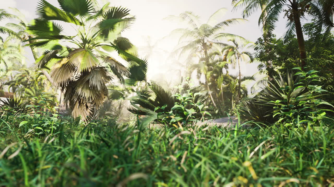 bosque lluvioso brumoso y rayos de sol brillantes a través de las ramas de los árboles