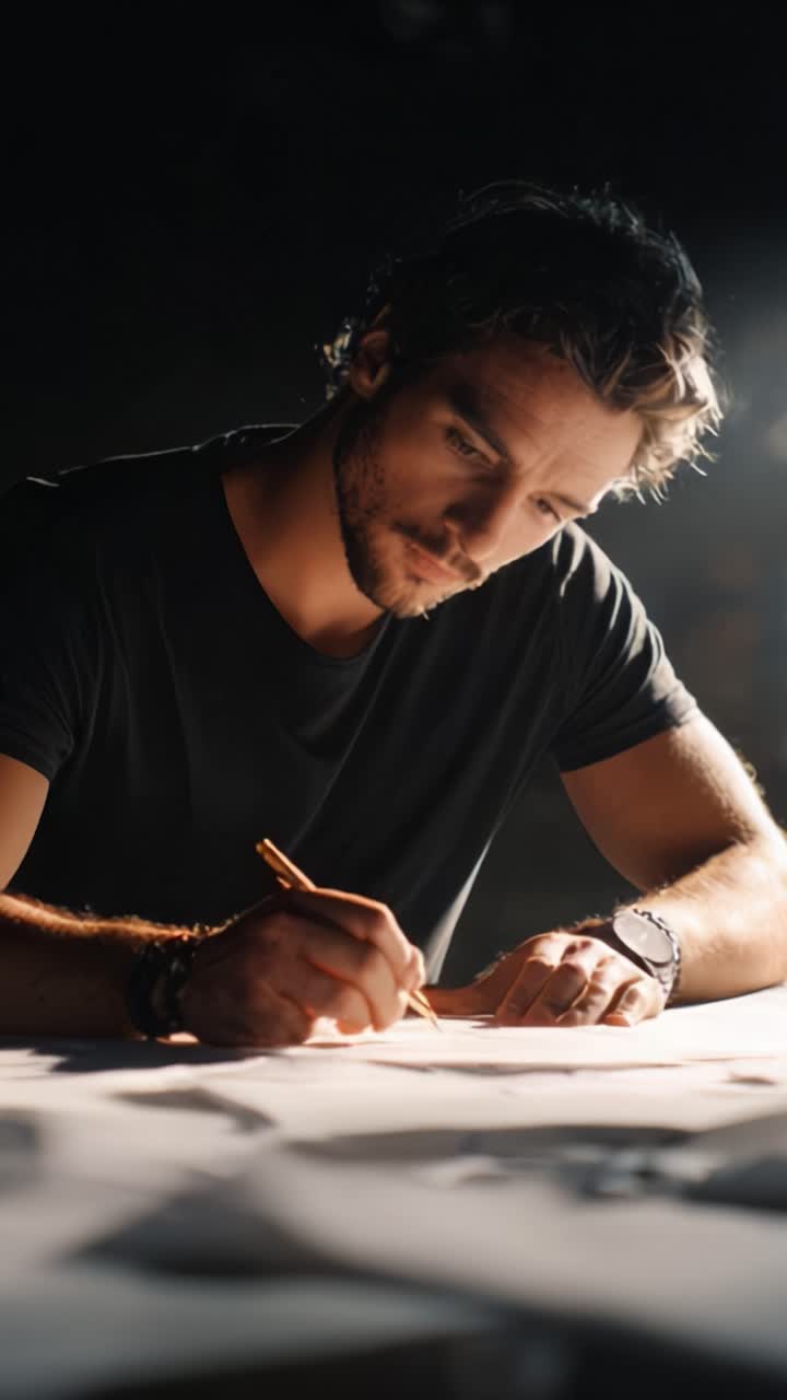 Artista concentrato intento a creare schizzi dettagliati su carta, illuminato da una luce soffusa in un ambiente di studio sereno