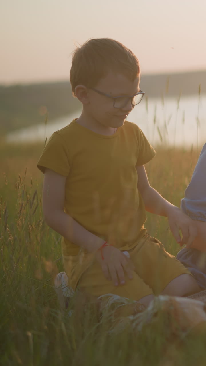 A woman in a blue gown sits on a scarf in a grassy field, working on her laptop during a peaceful sunset. A young boy dressed in yellow is seen walking towards her