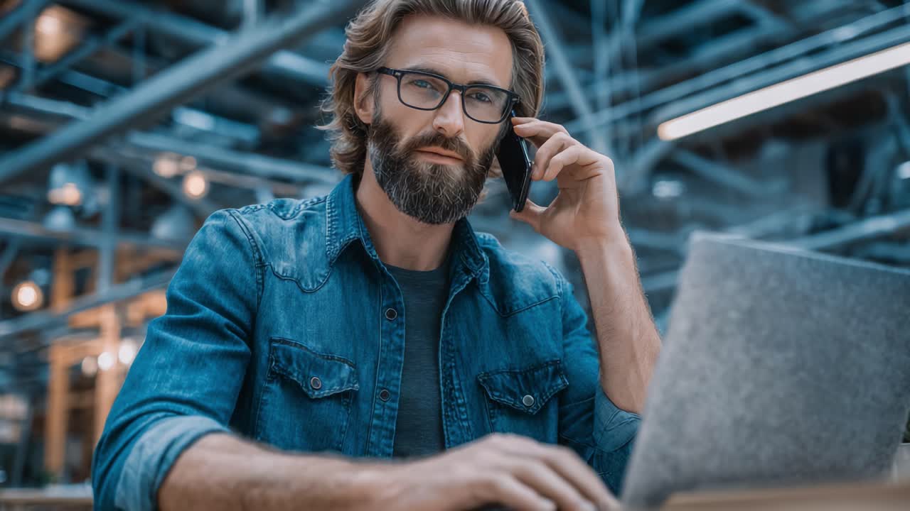 Fokuseret professionel deltager i et forretningsopkald, mens han/hun arbejder på en bærbar computer, hvilket fanger essensen af moderne iværksætterånd og produktivitet på en moderne arbejdsplads.
