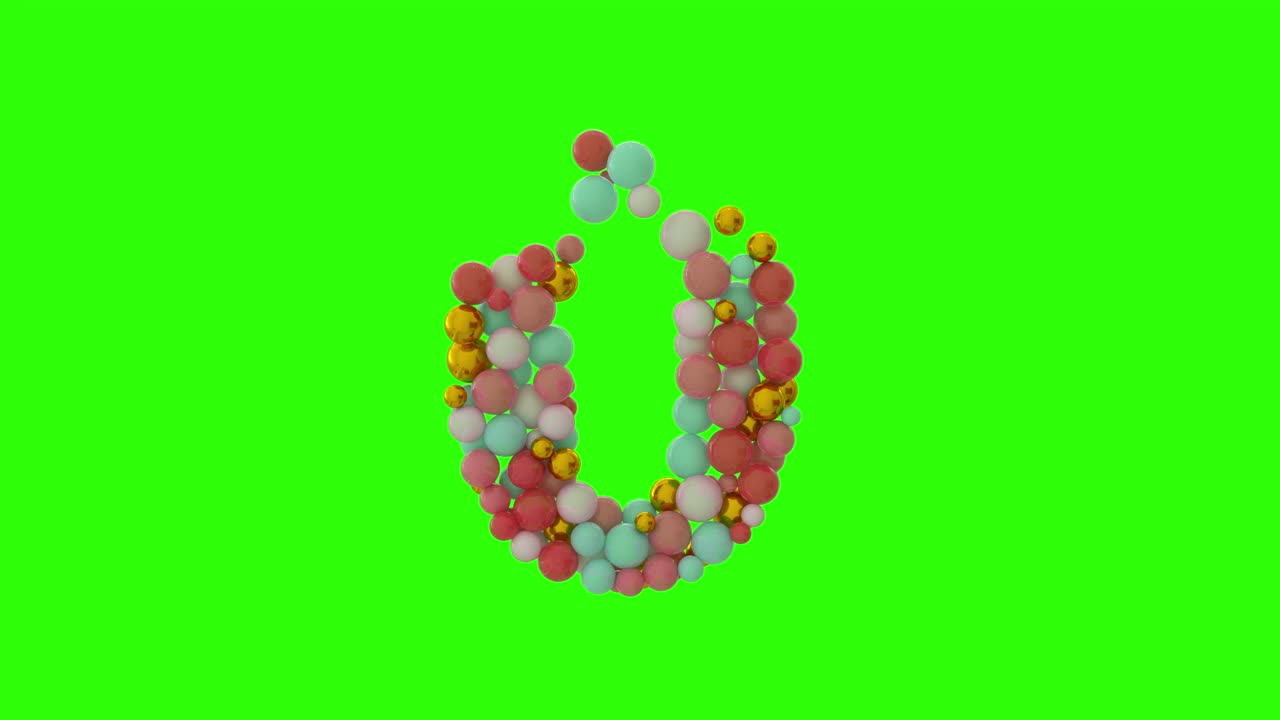 número aislado 0 (cero) hecho de perlas, bolas o cuentas de color pastel que caen en la pantalla verde. dígito de estilo de joyería abstracta en clave cromática. arte digital lindo y delicado. animación de renderización 3d del alfabeto