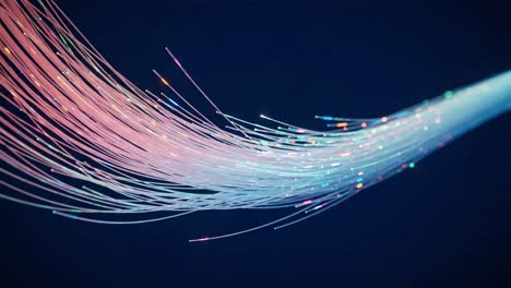 a stunning visual of colorful fiber optic cables flowing elegantly against a dark background, showcasing light transmission and technological innovation