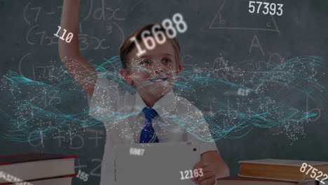 animación de fórmulas matemáticas en movimiento y procesamiento de datos sobre un niño de escuela