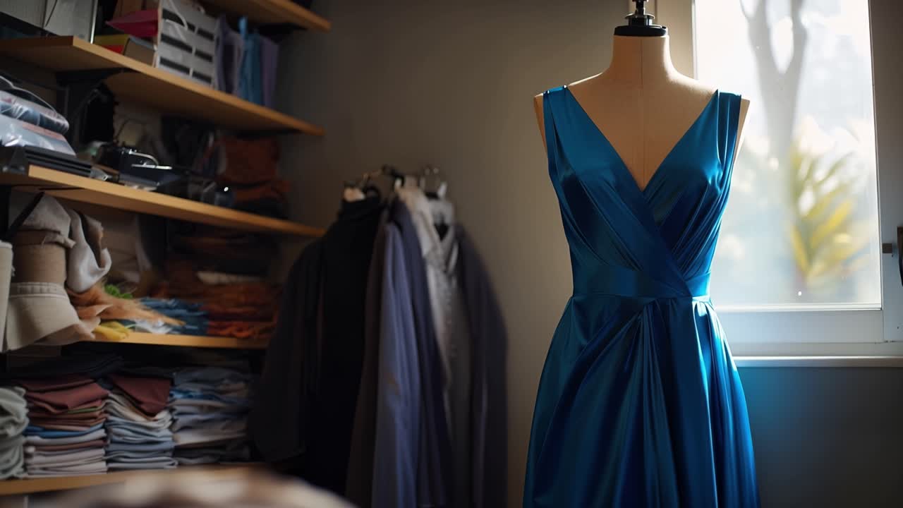 Un designer modifica un abito sullo schermo. Un vestito blu è appeso lì vicino, in attesa di essere perfezionato. La luce soffusa evidenzia la concentrazione e la creatività. L'atelier contiene strumenti, capi e ispirazione.