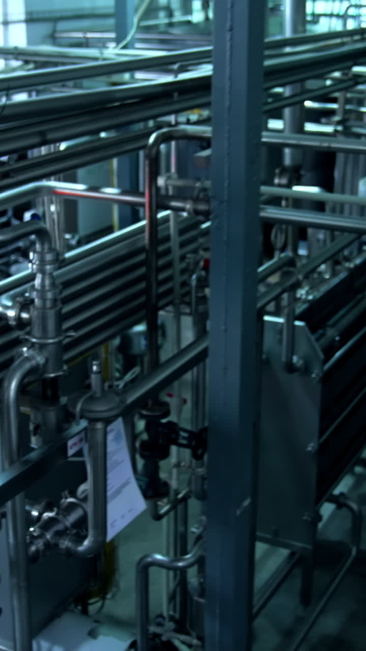Milk and water pipelines at a modern dairy factory. Tanks, pipes and faucets close up. Gradual lifting above the factory equipment. Vertical video