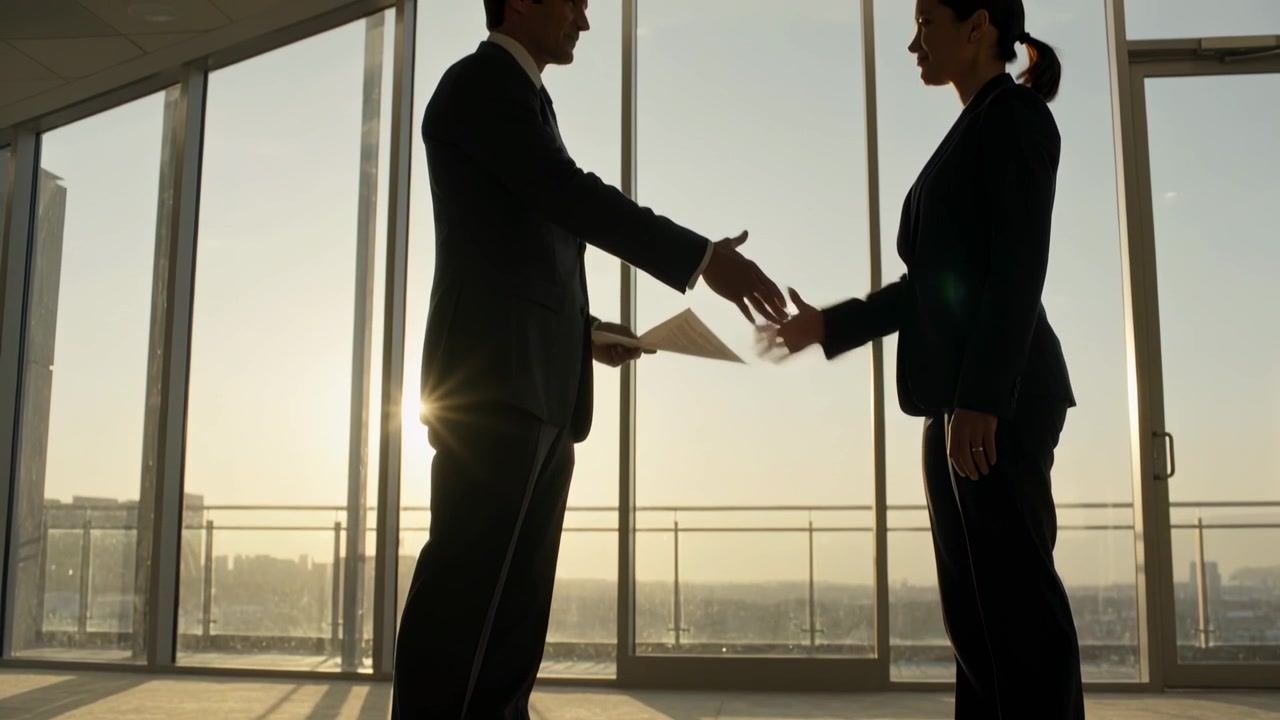 Uomo e donna in abiti formali si stringono la mano in un ufficio di vetro, tenendo una cartella e siglando un accordo.