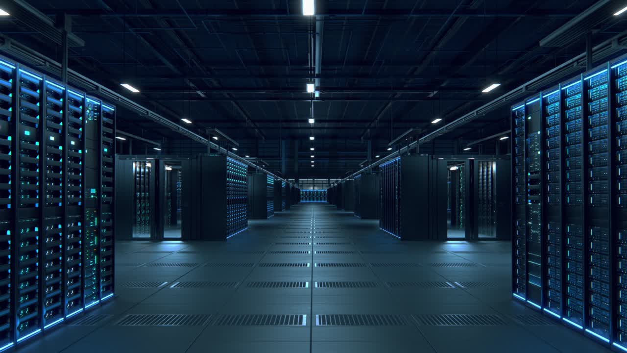 Modern Data Technology Center Server Racks Working in Dark Facility. Concept of Internet of Things, Big Data Protection, Storage, Cryptocurrency Farm, Cloud Computing. 3D Moving Forward Camera Shot.