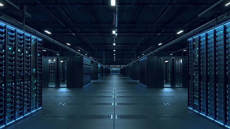 Modern Data Technology Center Server Racks Working in Dark Facility. Concept of Internet of Things, Big Data Protection, Storage, Cryptocurrency Farm, Cloud Computing. 3D Moving Forward Camera Shot.