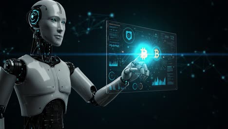a modern robot interacting with digital cryptocurrency data, highlighting the evolution of technology in financial markets through visual engagement and smart communication