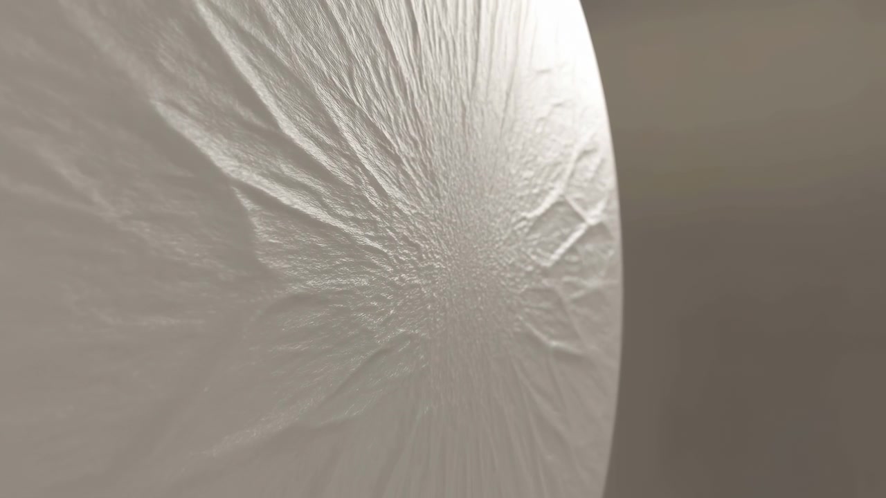 Primo piano di una grande superficie circolare bianca traslucida con un centro rugoso, mostrata su uno sfondo neutro e illuminata da una luce diffusa e delicata.