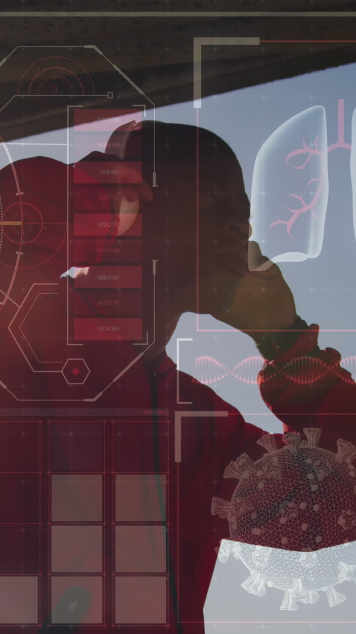 animación de procesamiento de datos médicos sobre hombre afroamericano con auriculares haciendo ejercicio