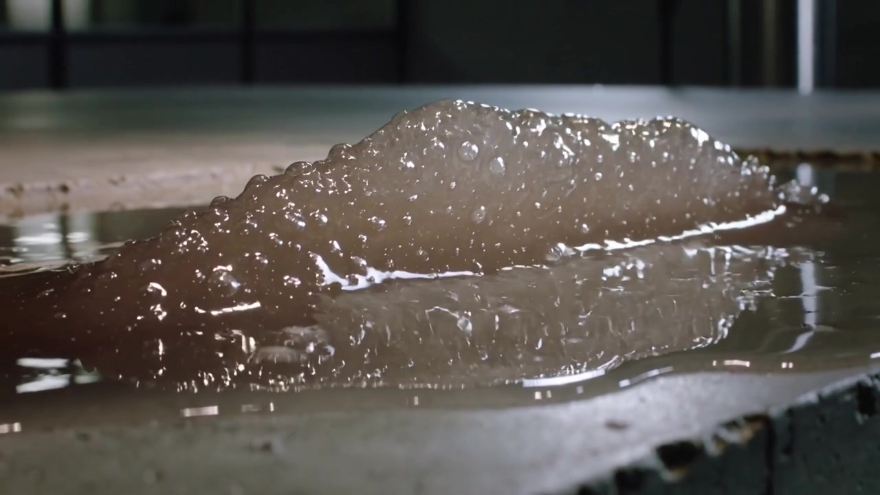 Un'onda d'acqua si sposta su una piscina a lastra dopo un impulso che parte dal bordo, creando giochi di luce.