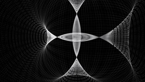 Abstract animation of white neon spirals crossing in different planes and creating several expanding funnels on the black background. Animation. Hypnotic spiral, seamless loop 4k animation