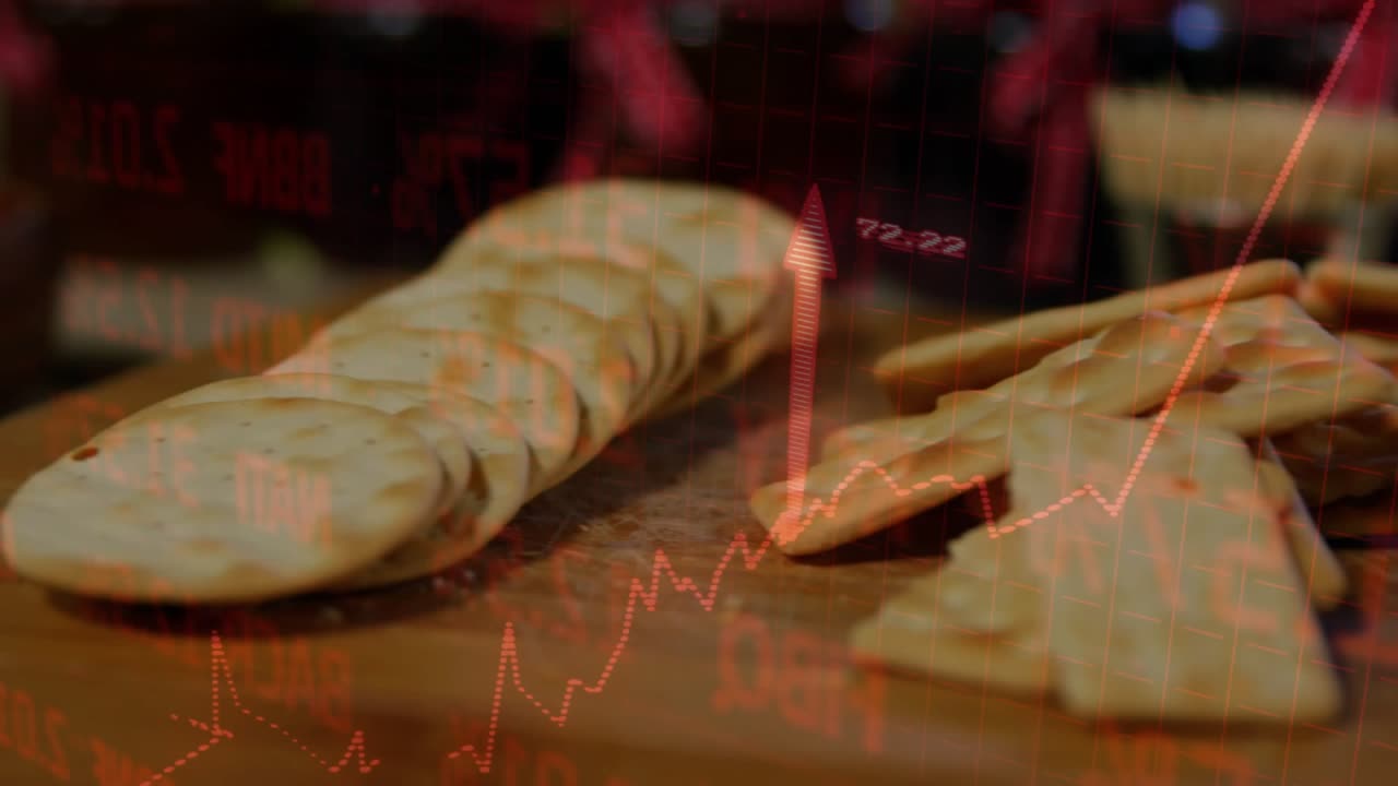 Chart overlay animating across crackers while camera shifting right, showing market trends