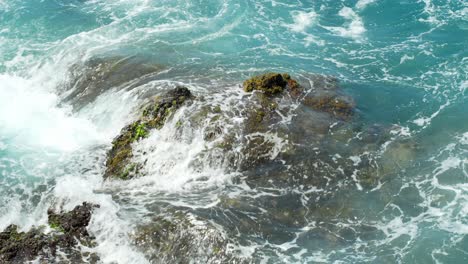 Flujo-De-Agua-Del-Océano-Tropical-Sobre-Roca-Marina-Cubierta-De-Musgo,-Cámara-Lenta