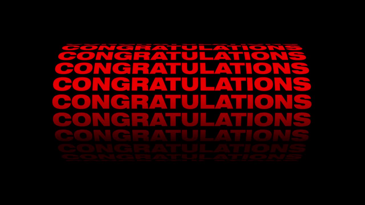CONGRATULATIONS red color 3D text cylinder tube motion animation on black background. 4K Video cover animation text. Congratulation title or trailer loop background for your video.
