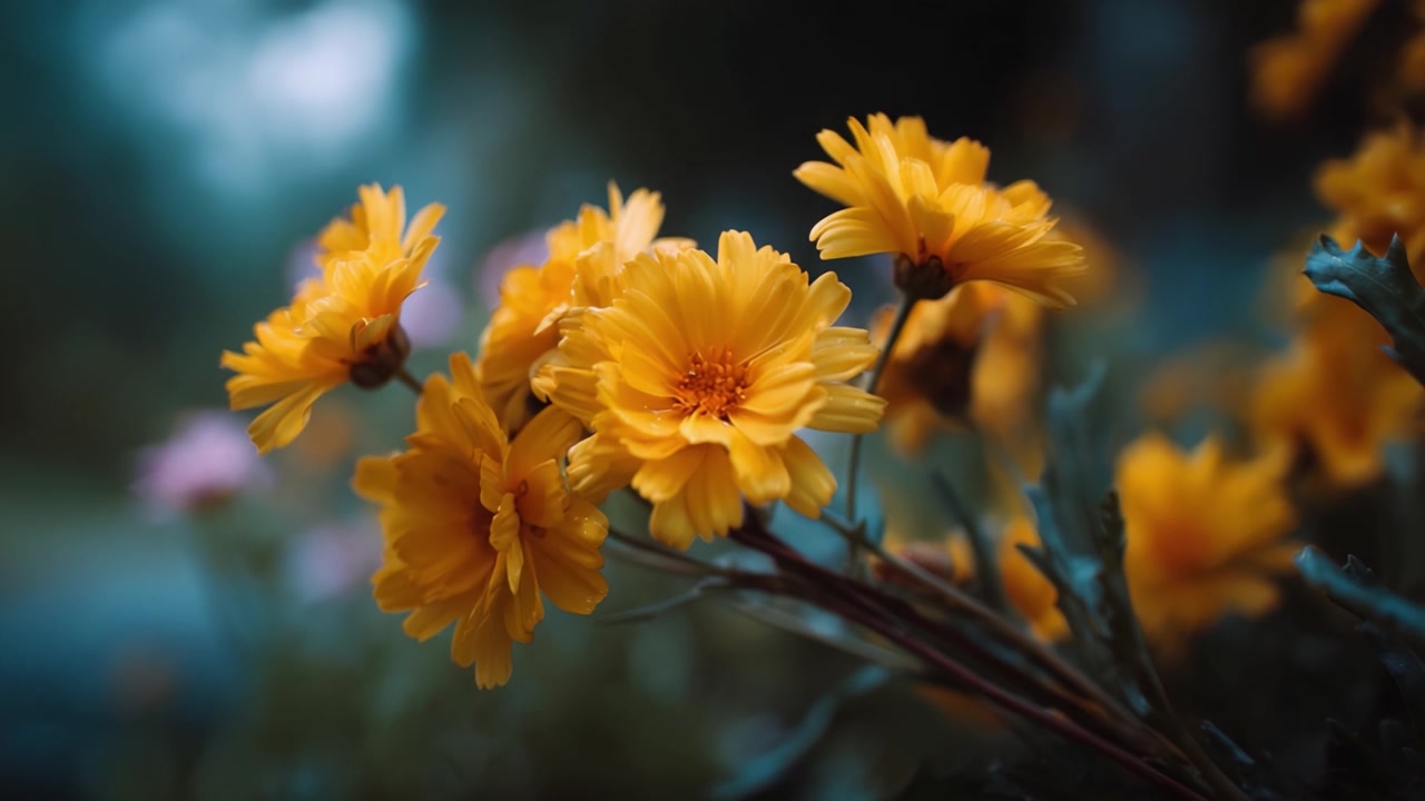 Fiori Gialli Vivaci alla Luce del Primo Mattino, Catturati in un Ambiente Sereno, che Mostrano la Bellezza della Natura con una Vegetazione Lussureggiante e un Bokeh Morbido sullo Sfondo