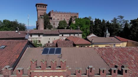 aerial-descending-into-the-medieval-comune-of-Gabiano,-Italy-where-our-wine-adventure-begins