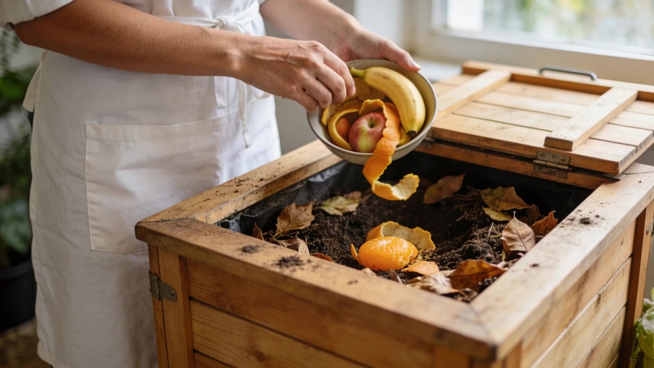 Lowering bowl, hands in apron tipping fruit peels into wooden compost box for compost, copy space