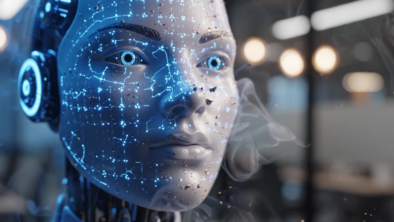 Futuristic AI Robot Transitioning Through Data Streams and Particles, Showcasing Advanced Technology and Intricate Facial Features in a Modern Environment