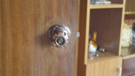 primer plano de una puerta de madera con un mango de puerta de bronce