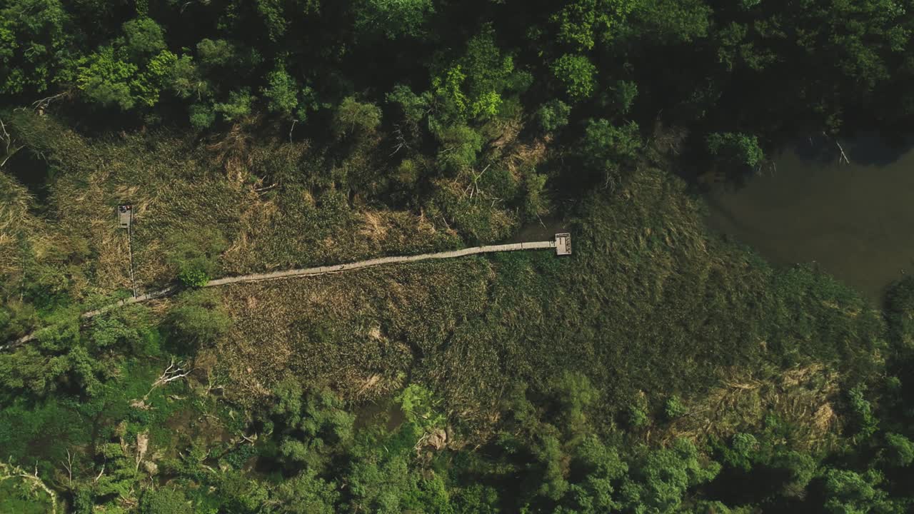 movimiento panorámico a gran altitud. imágenes aéreas de un sendero natural y su entorno más cercano.