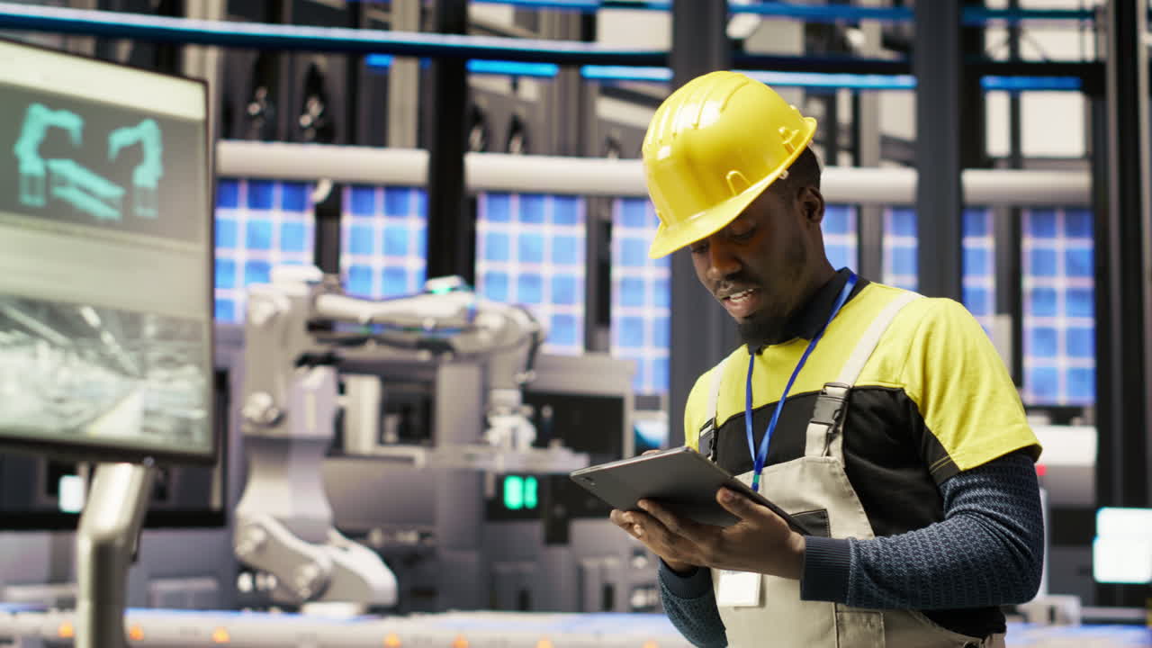 Vertical video Technician in solar panels factory does maintenance using tablet