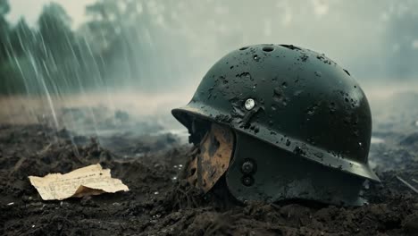 a weathered military helmet lies in the mud, a testament to the horrors of war.