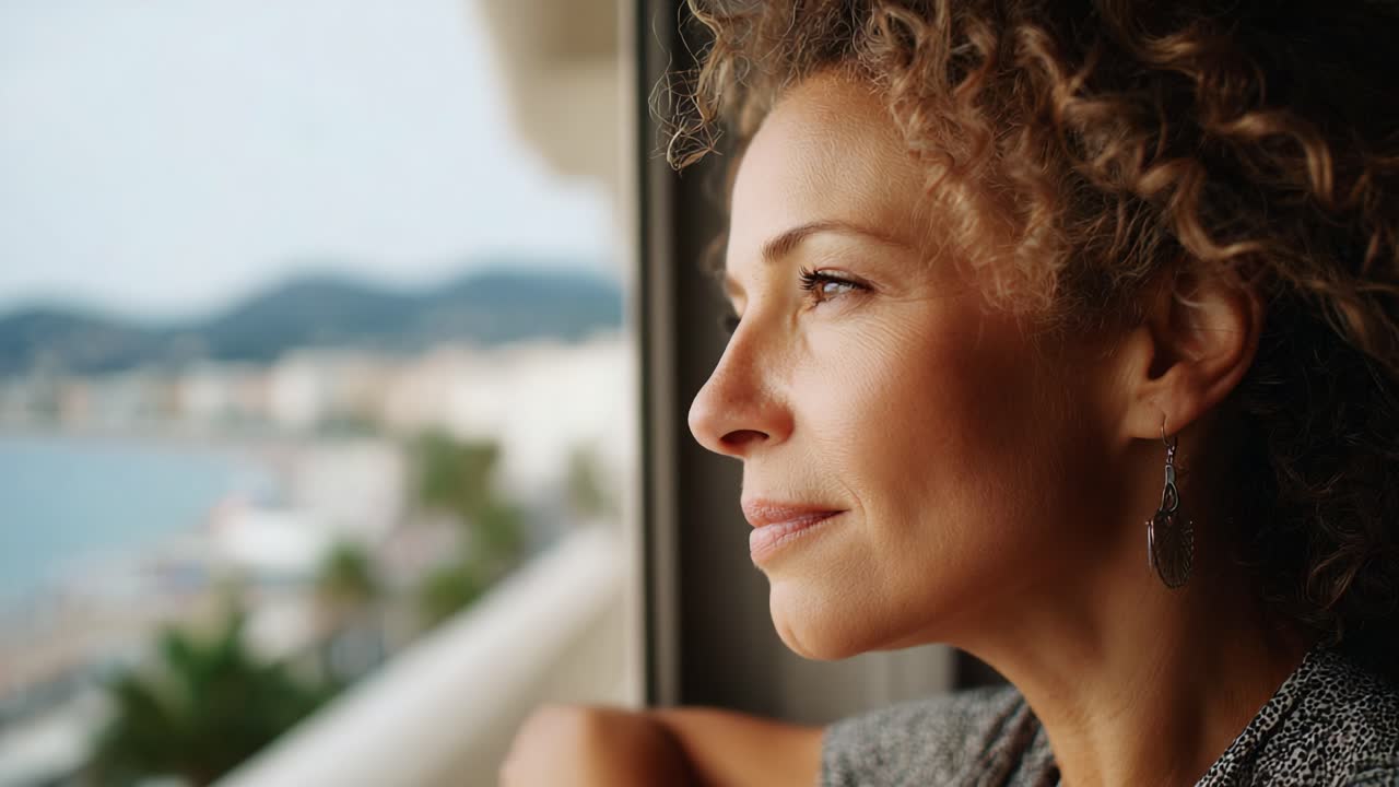 Contemplative Moments: A Pensive Woman Gazes Out the Window, Lost in Thought, Overlooking a Serene Coastal Landscape with Mountains in the Background