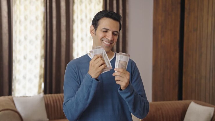 hombre indio contando dinero con una actitud astuta