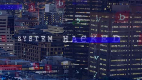 animation of system hacked text, cityscape and connections