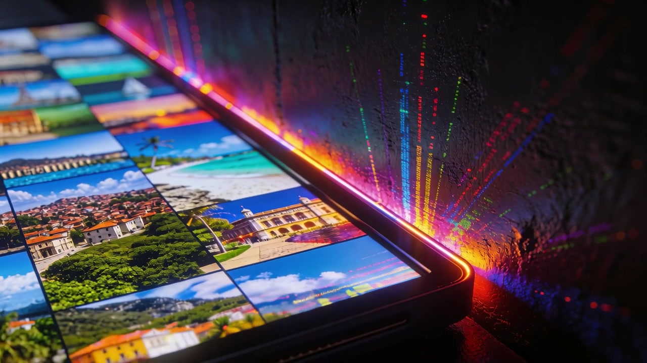 Masadaki ızgara gösteren tableti aydınlatan RGB şerit, dokulu duvara ışınlar yansıtırken kamera hareket ediyor.