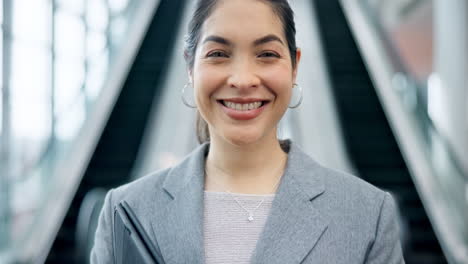 business woman, face and smile with elevator