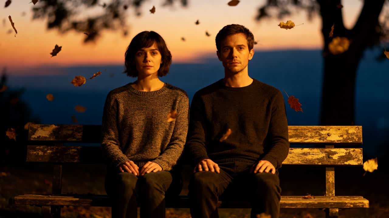 Coppia seduta con maglione grigio e maglione scuro che guarda il crepuscolo su una panchina di legno, la brezza che muove le foglie