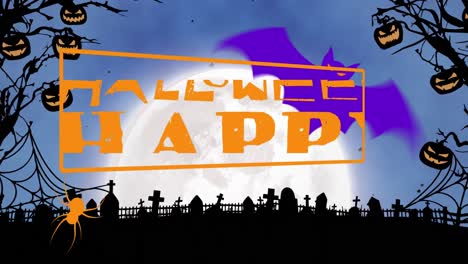 animation of happy halloween text over cemetery