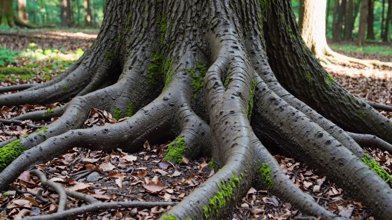 Close-up video of tree roots with moss and fallen leaves, captured from a low angle