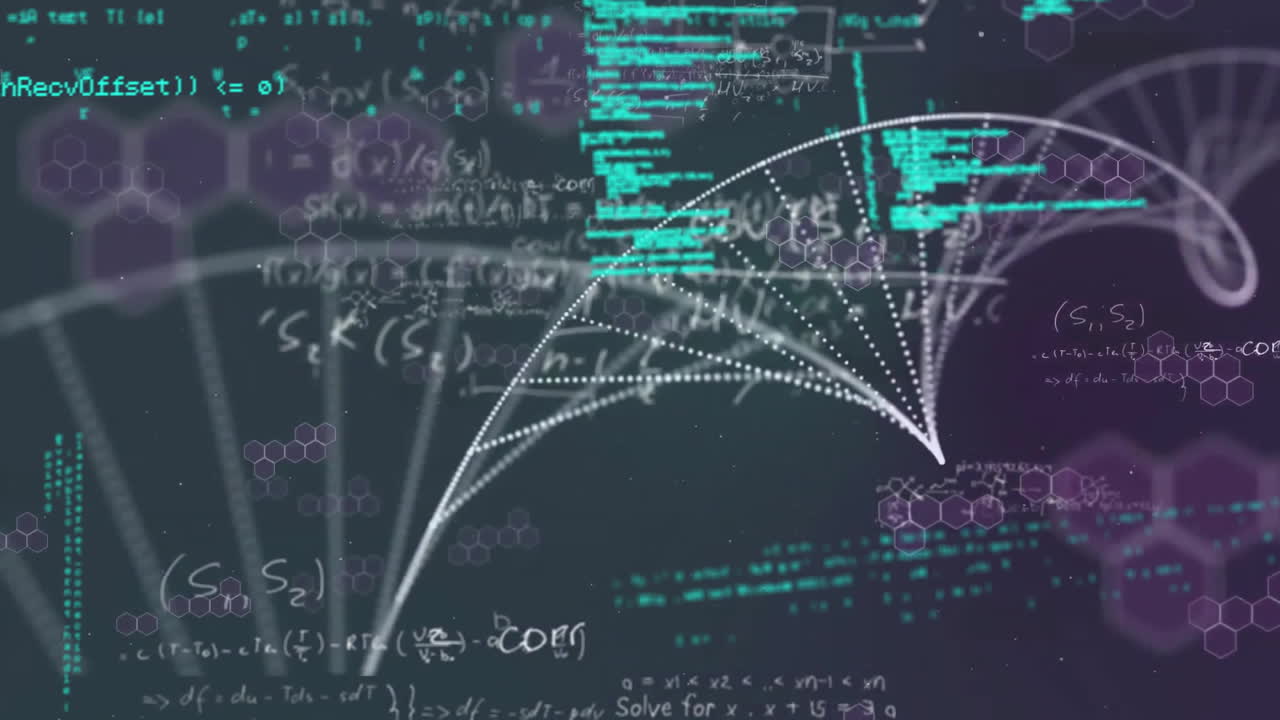Animation of dna strand and data processing over dark background