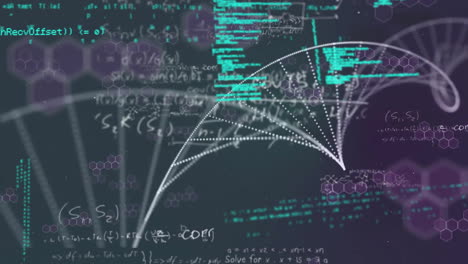 Animation-of-dna-strand-and-data-processing-over-dark-background