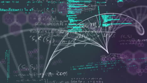 animación de la cadena de adn y procesamiento de datos sobre un fondo oscuro