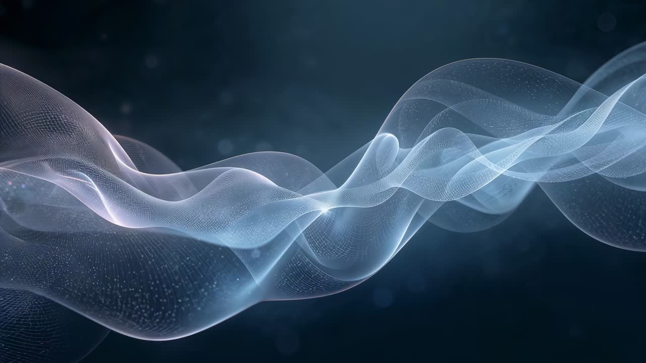 Nastro a doppio filo traslucido e fluido che si muove su un gradiente blu scuro, mostrando granelli di particelle