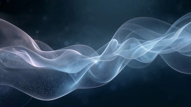 Nastro a doppio filo traslucido e fluido che si muove su un gradiente blu scuro, mostrando granelli di particelle