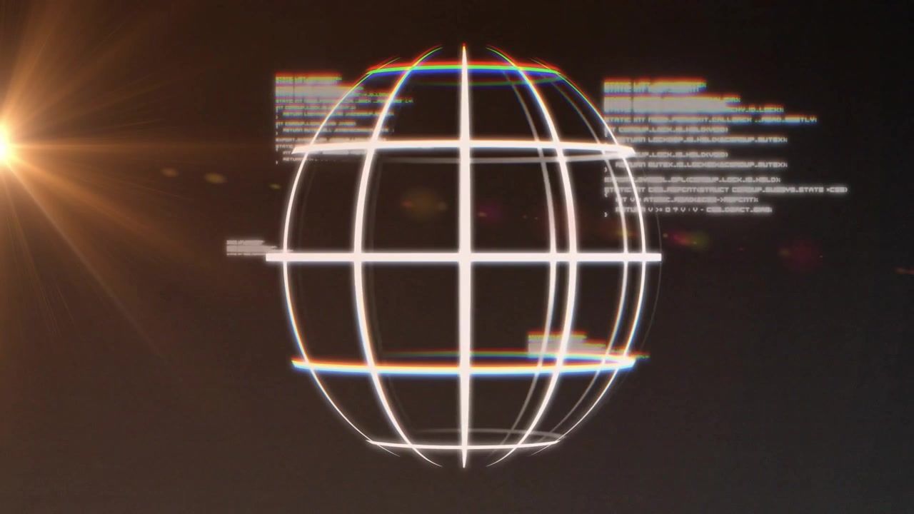 On start wireframe 3D sphere rotating, code clusters flickering stabilizing to visualize data flow