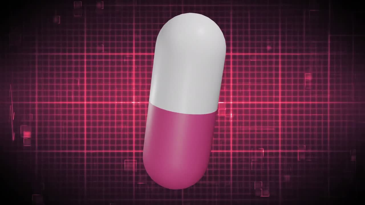 Animazione di pillola fluttuante e cardiografo su sfondo nero