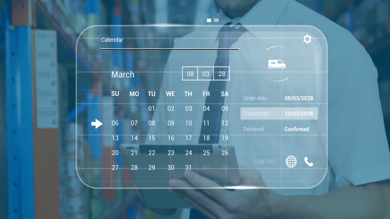 Animation of data processing against caucasian male supervisor using digital tablet at warehouse