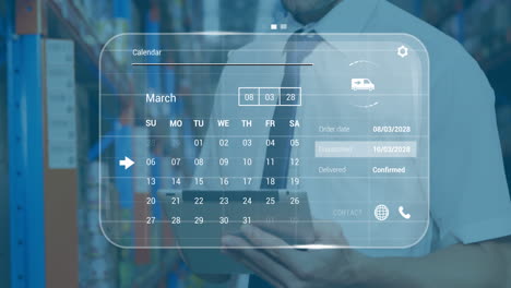 Animation-of-data-processing-against-caucasian-male-supervisor-using-digital-tablet-at-warehouse