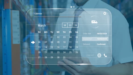 animación de procesamiento de datos contra el supervisor masculino caucásico usando una tableta digital en el almacén