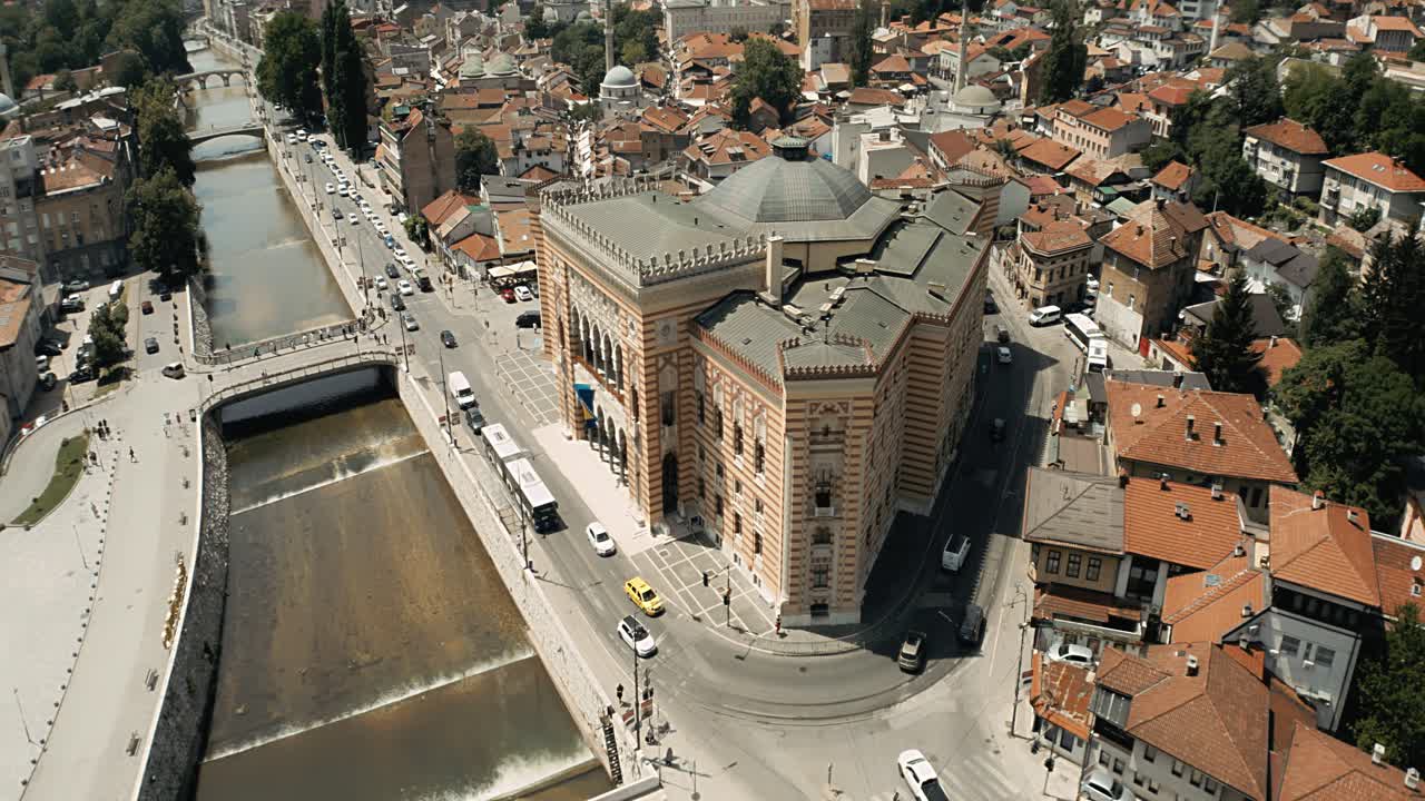 Drone footage of Vjecnica in Sarajevo