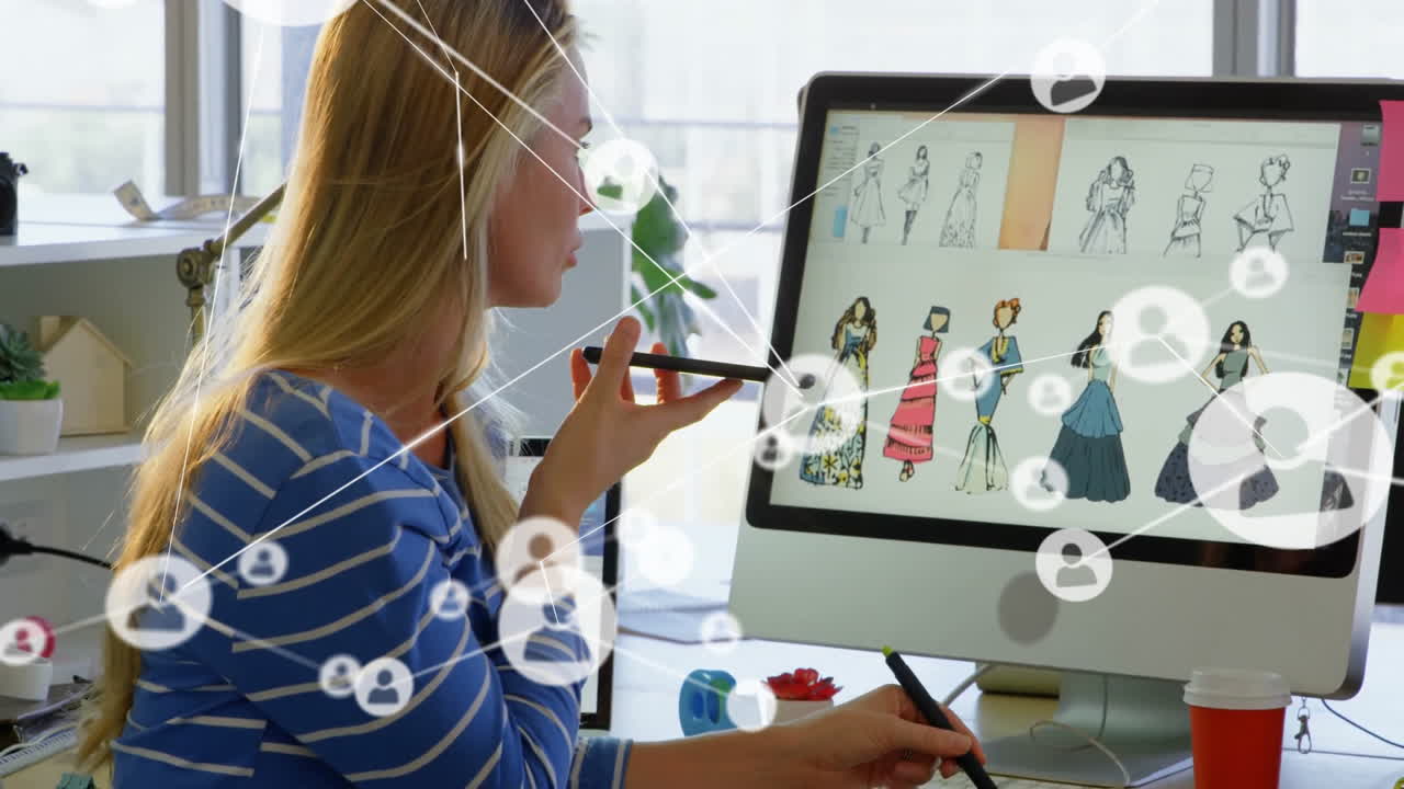 Working on computer, woman viewing fashion design sketches and network connections animation