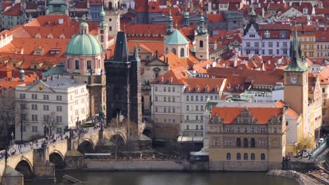 old town bridge tower, old town waterworks and water tower and charles bridge in prague, czech republic